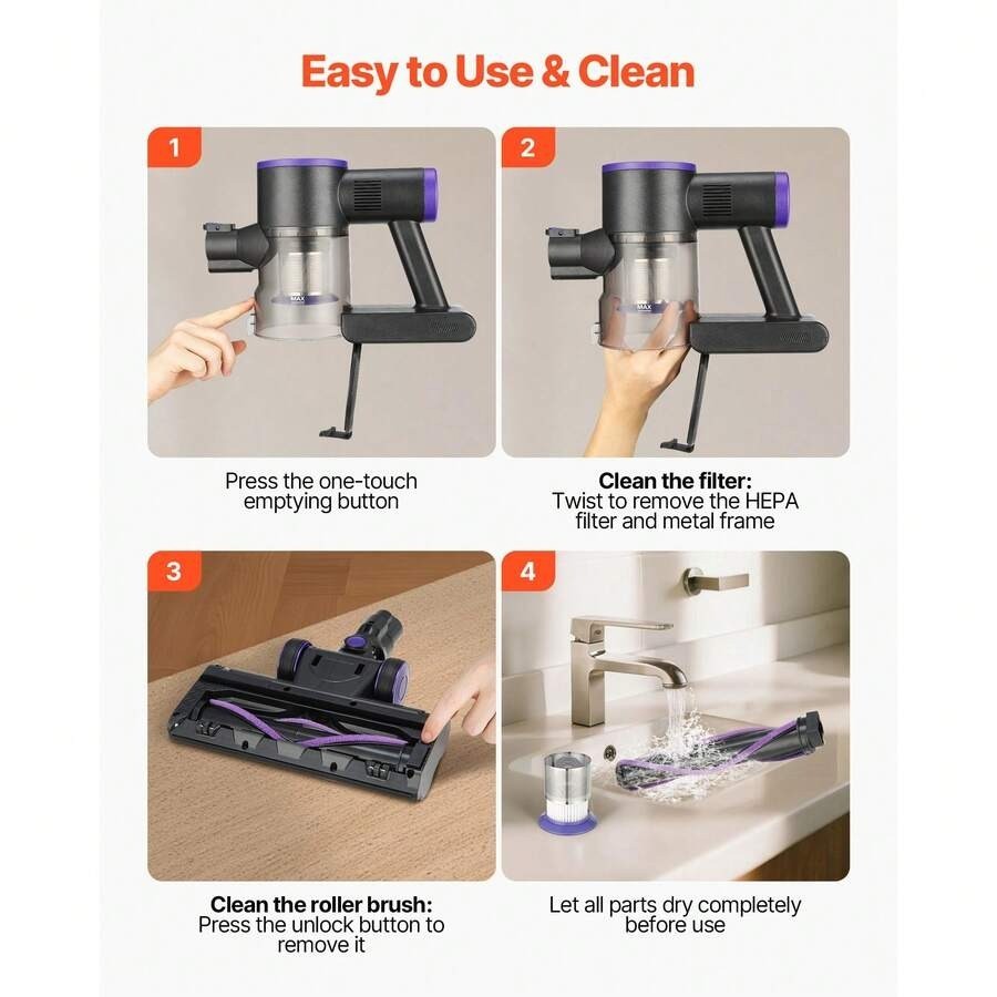Cordless Stick Vacuum Cleaner 25KPA Suction 35min Runtime For Pet Hair