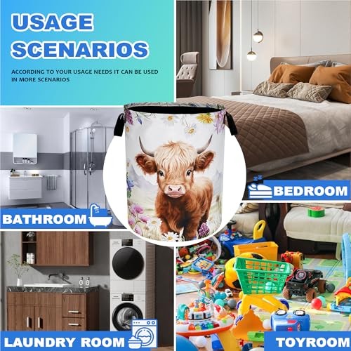 Laundry Basket Oxford Cloth Animal Flowers Laundry Hamper | With Highland Cow