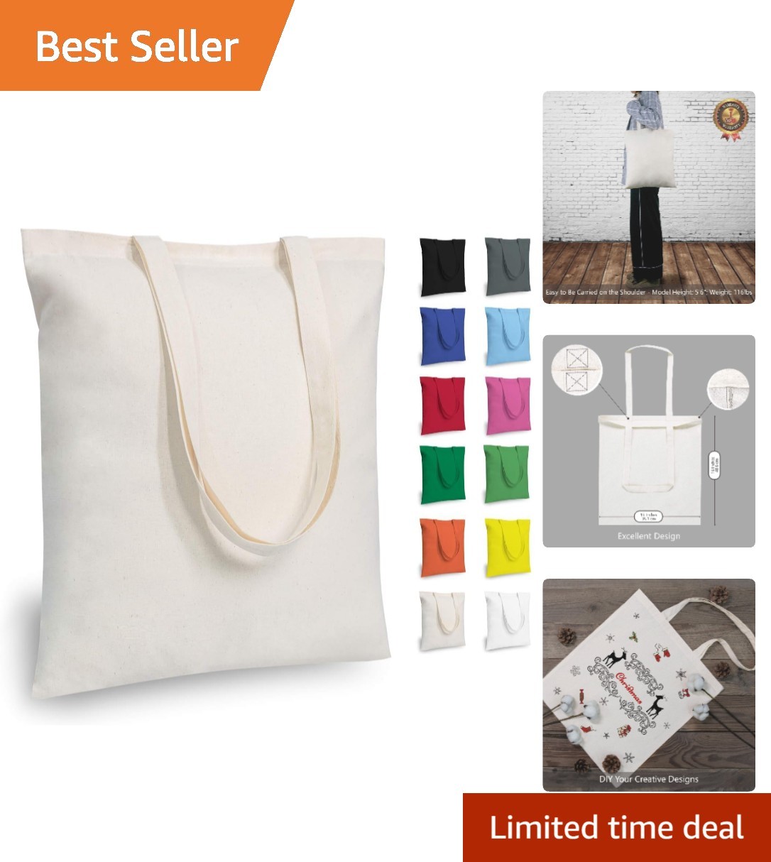 Reinforced Handle Cotton Tote Bags for Grocery, Gifts, and Promotions – 3-Pack