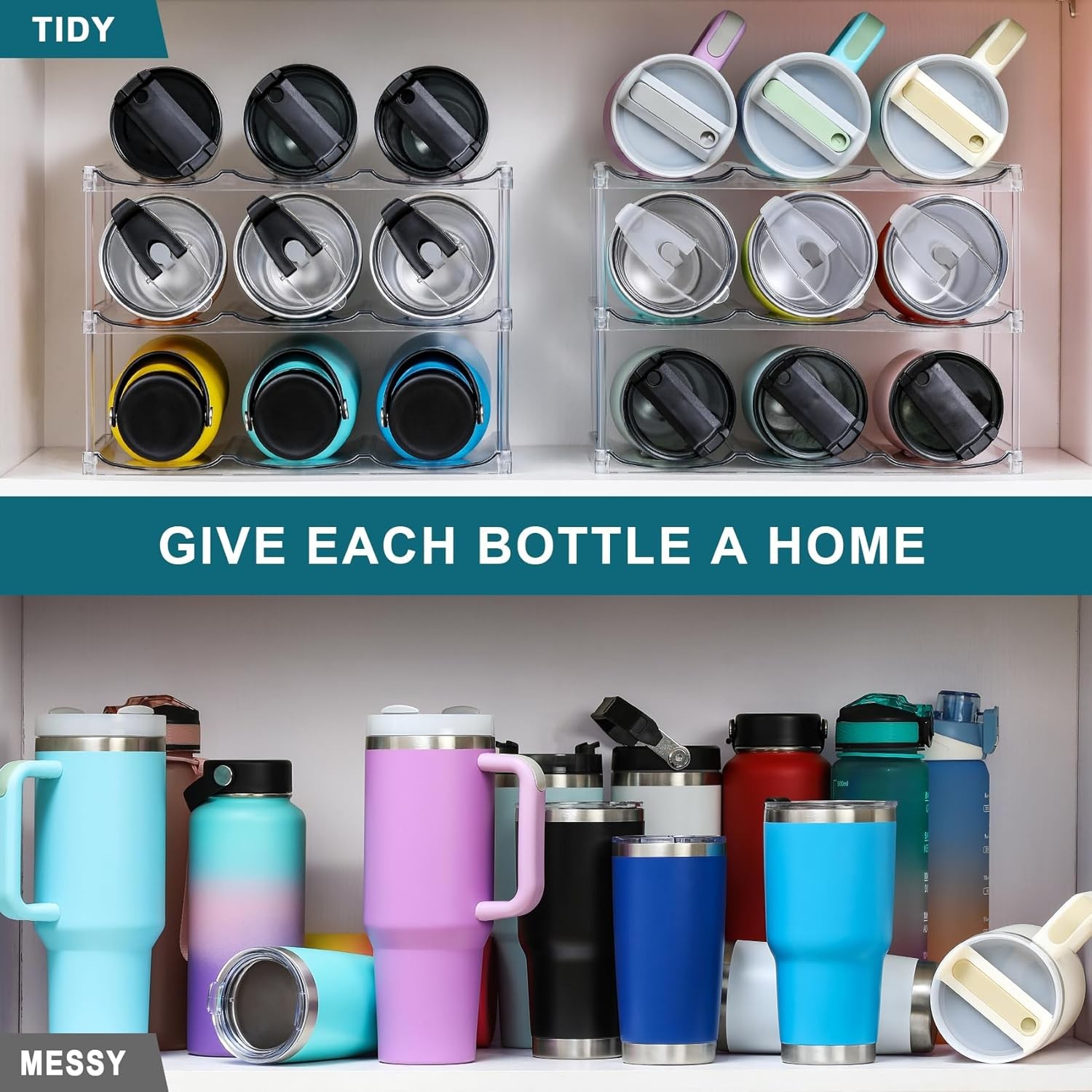 Stackable Water Bottle Organizer 3 Tier Holds 9 for Stanley & Others Clear