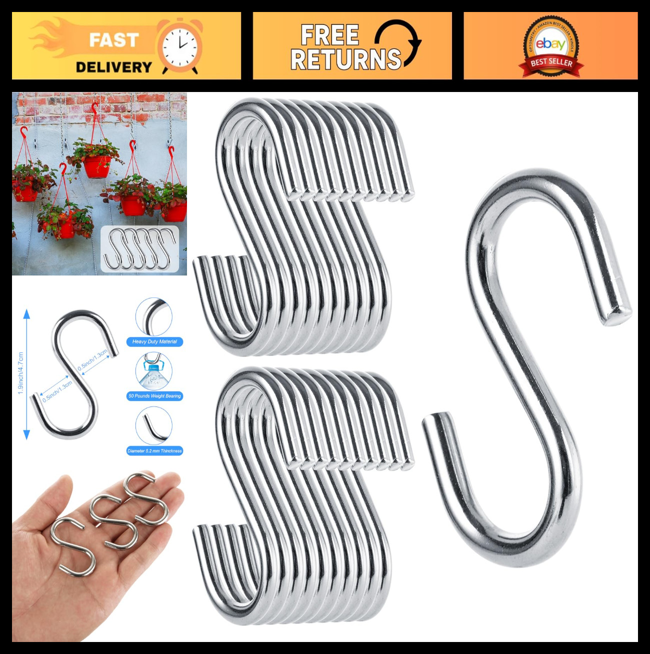 50 Pcs Heavy Duty S Hooks – 304 Stainless Steel, 2″ Metal Hangers for Kitchen, W