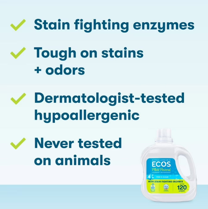 (4 pack) ECOS Hypoallergenic for Sensitive Skin, Free & Clear 120 Loads 110oz