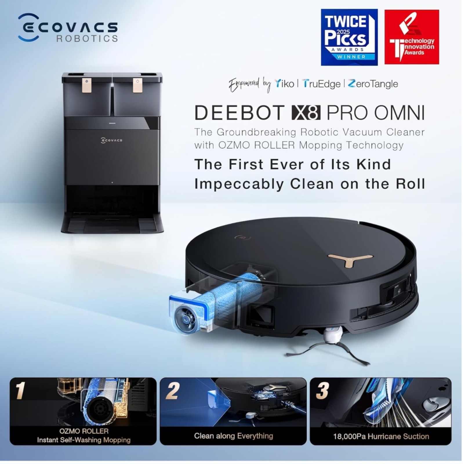 ECOVACS DEEBOT X8 PRO OMNI Robot Vacuum and Mop, 18000Pa, Self-Emptying, Black