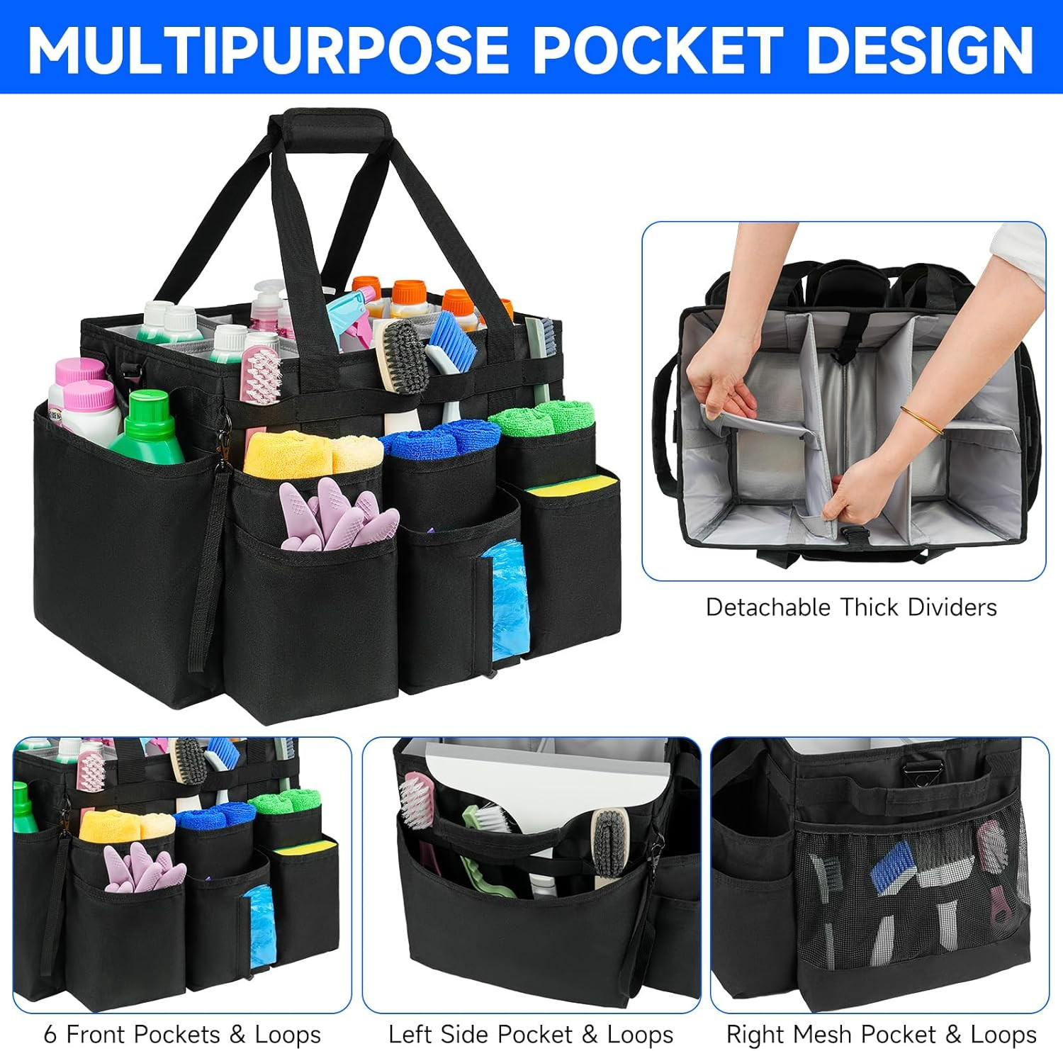 Large Rolling Cleaning Caddy Bag with Detachable Trolley,Cleaning Cart on Wheels