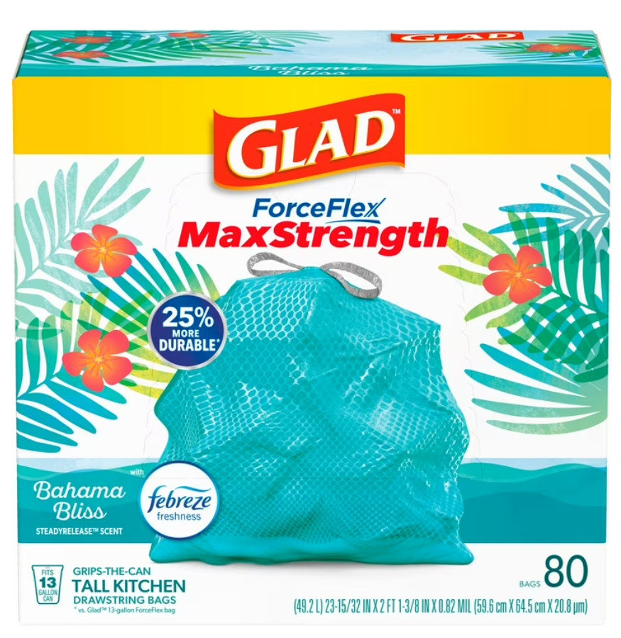 Glad ForceFlex MaxStrength Tall Kitchen Drawstring Trash Bags, 13 Gallon, Bahama
