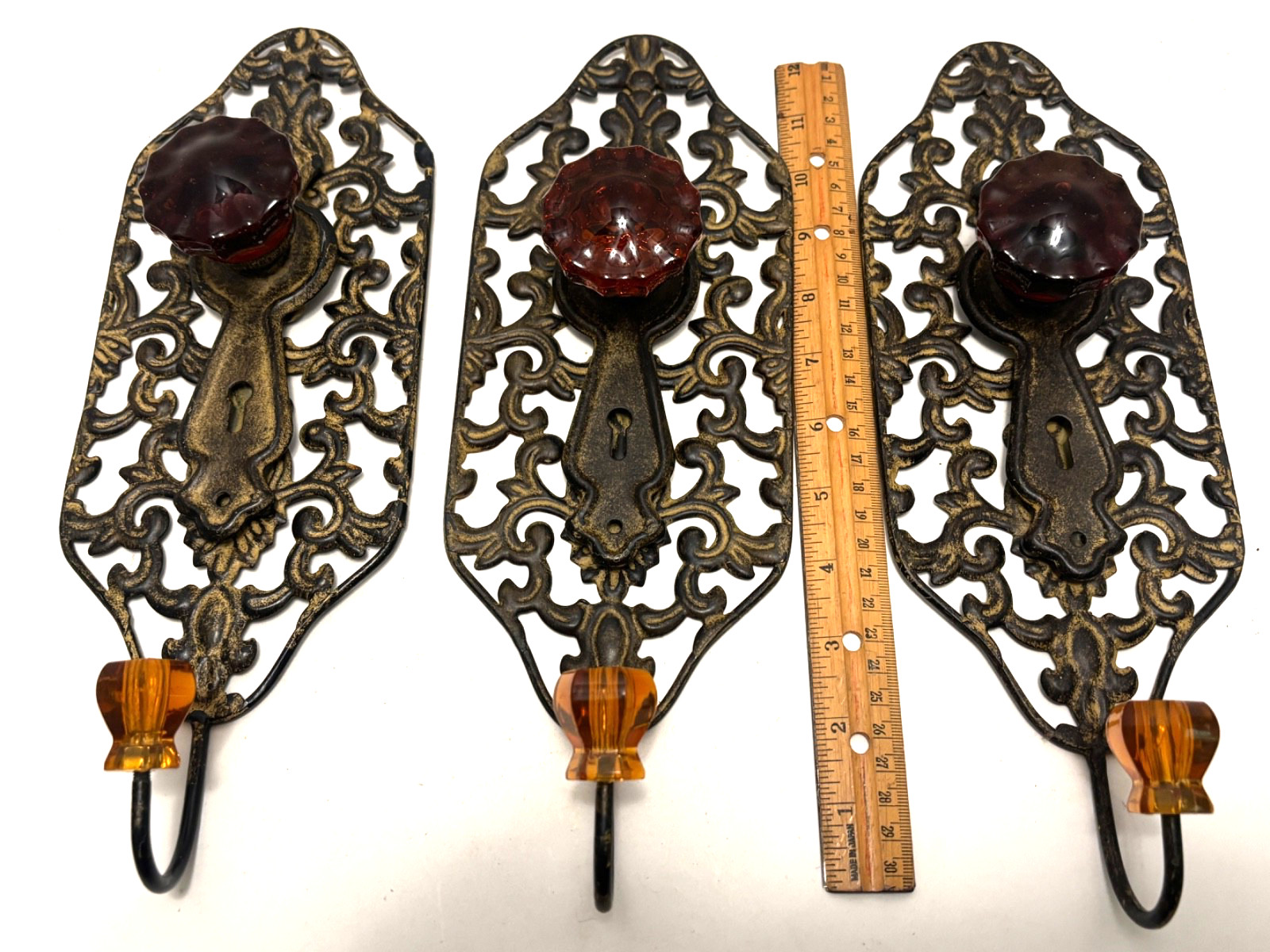 1,2 or 3 Vtg Style WALL HOOK(s) Amber Glass Door Knob Keyhole Scroll Back Hanger