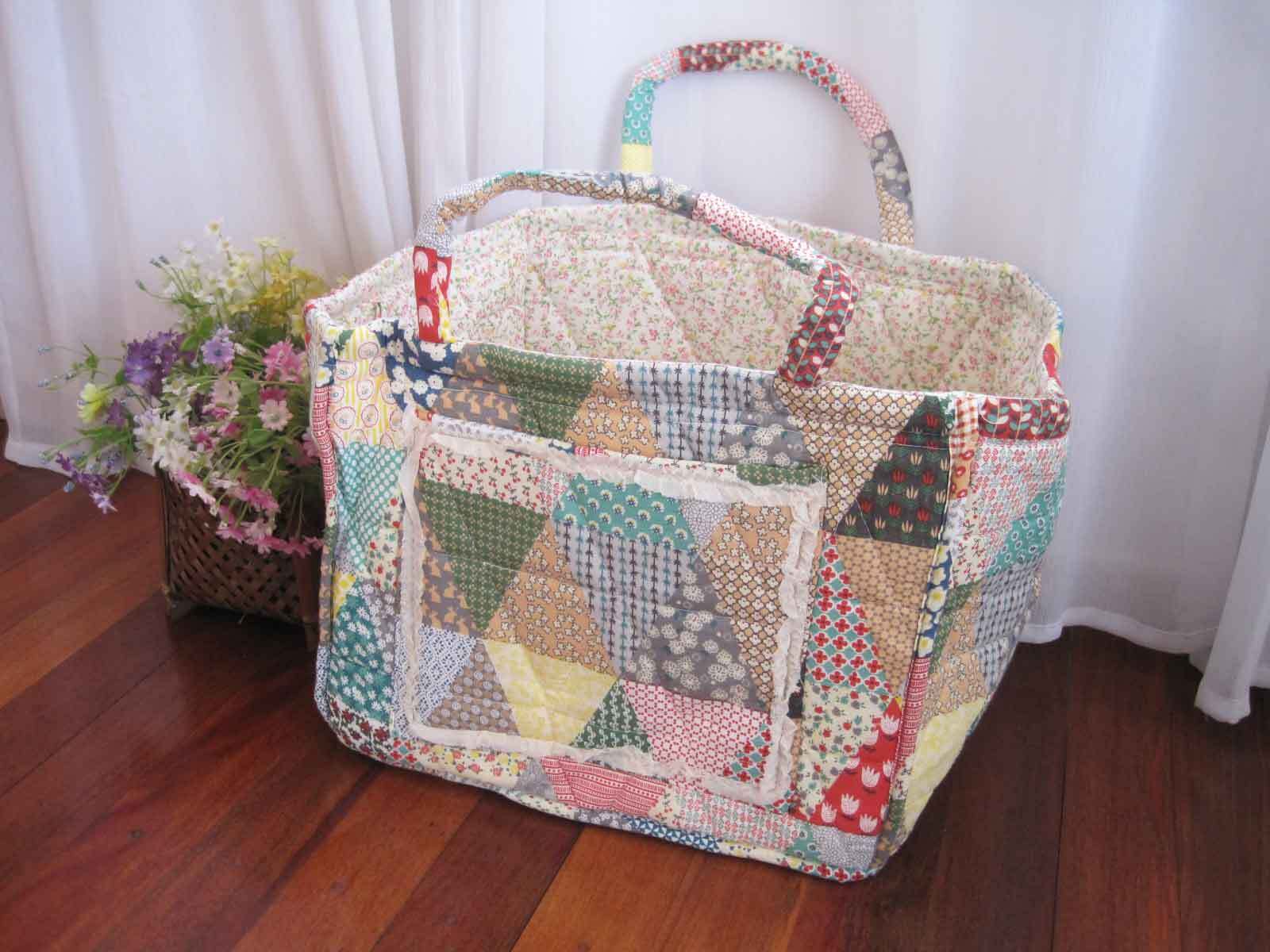 Lovely Flower Patch White Frill Embroidery Cotton Quilted Storage Basket NEW