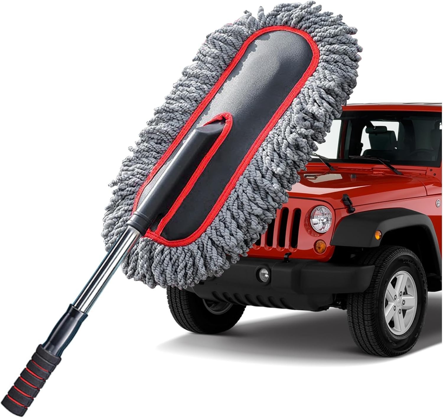 Car Duster, Scratch-Free Microfiber Cleaning Brush, Gray/Red | Extendable Han…