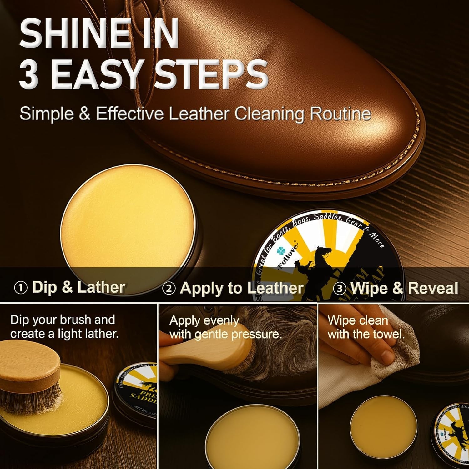 Essential Leather Care 3-in-1 Kit with Saddle Soap, Brush & Cloth – 3.52oz
