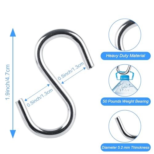 50 Pcs Heavy Duty S Hooks – 304 Stainless Steel, 2″ Metal Hangers for Kitchen, W