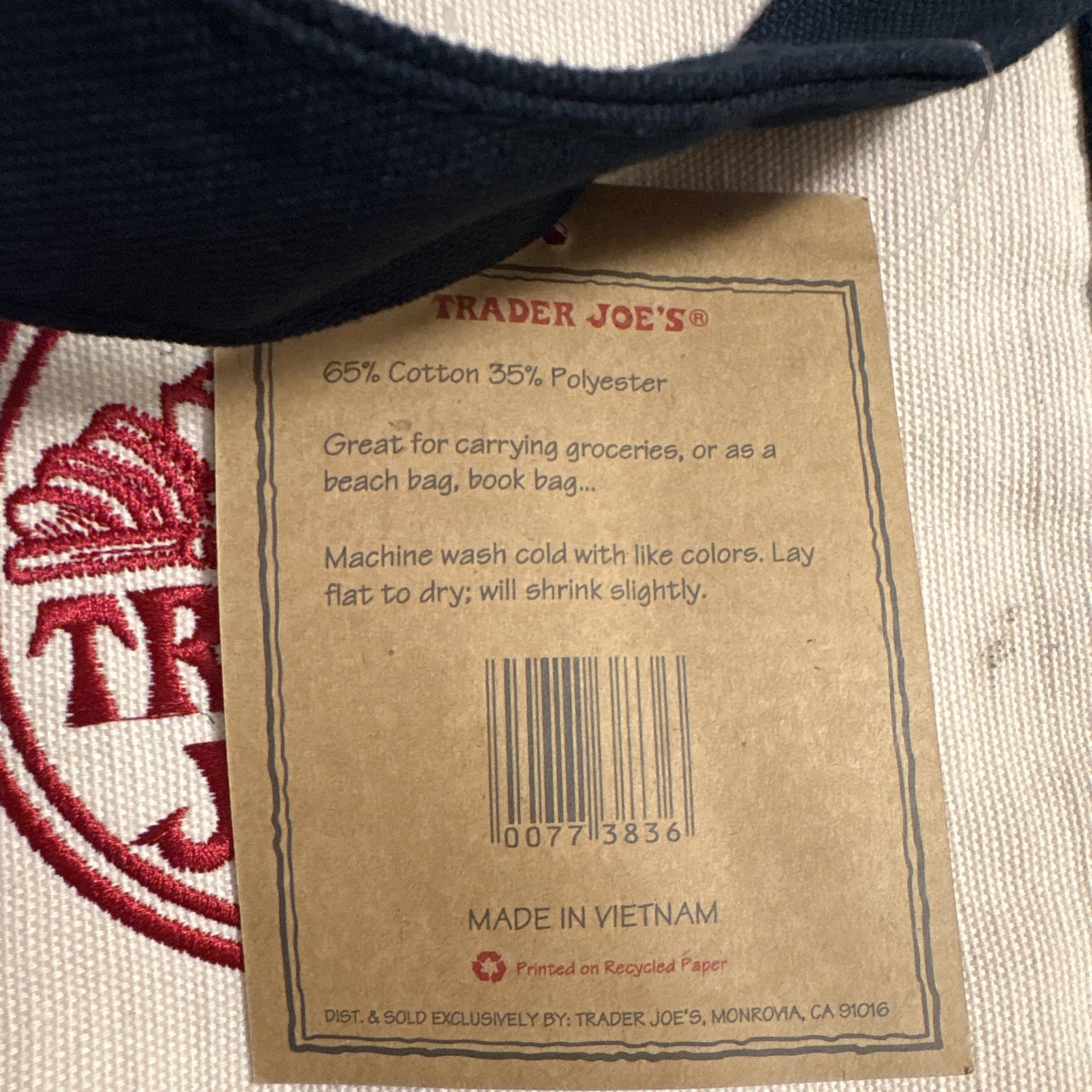 Trader Joe’s Reusable Logo Tote Bag White/Blue Cotton-Poly 20x14x6 in