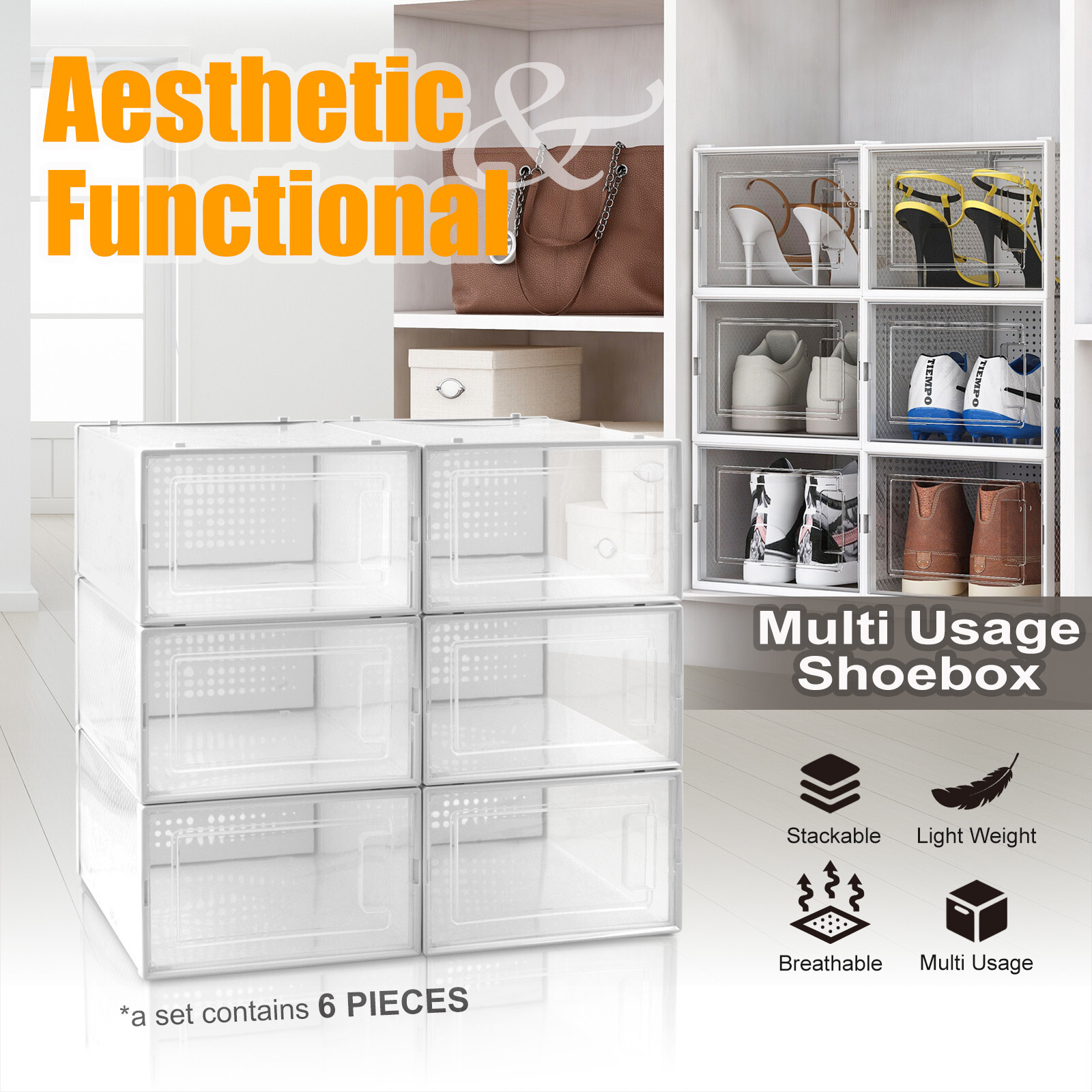 6PCS MED Foldable Stackable Plastic Shoe Box Storage Organizer Transparent Case