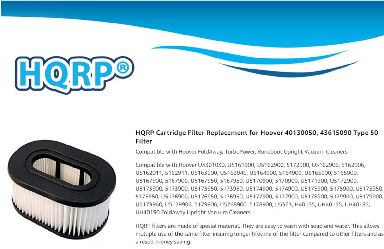 Washable & Reusable Hepa Filter for Hoover TurboPOWER & Foldaway U Series Vacuum