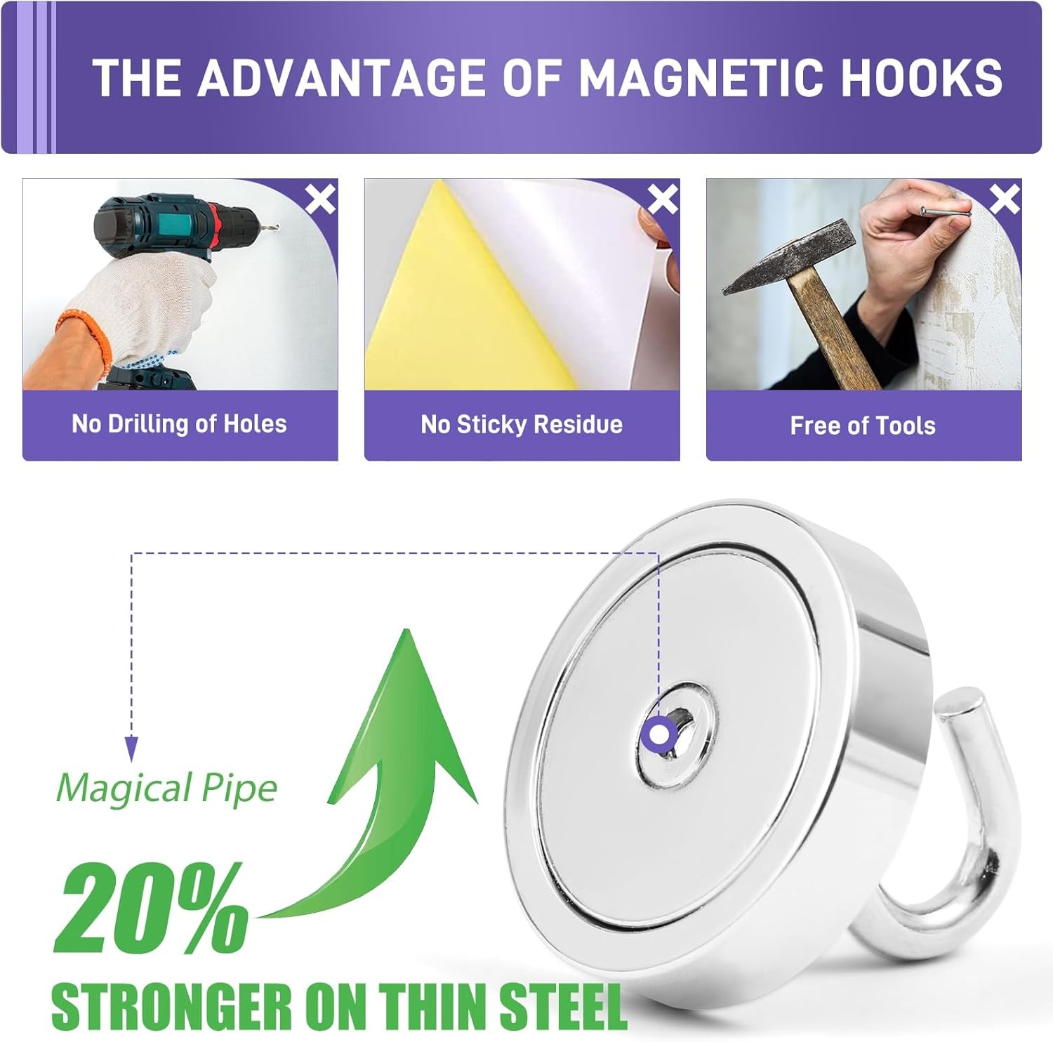 100lb Magnetic Cruise Hooks Steel Tube Silver 6 Pack
