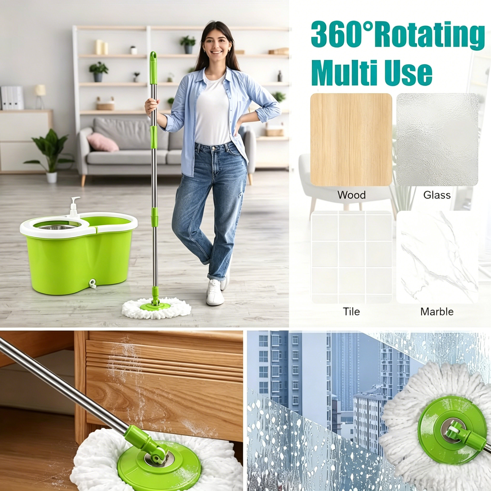 360° Spin Mop & Bucket Set w/ 3 Microfiber Heads, Stainless Steel Wringer