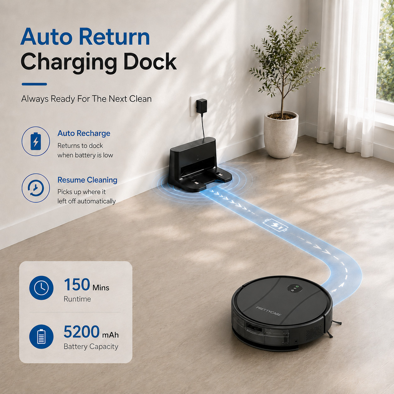 PrettyCare C2-v2 Robot Vacuum Mop Combo 8000Pa Suction 5200mAh, Black