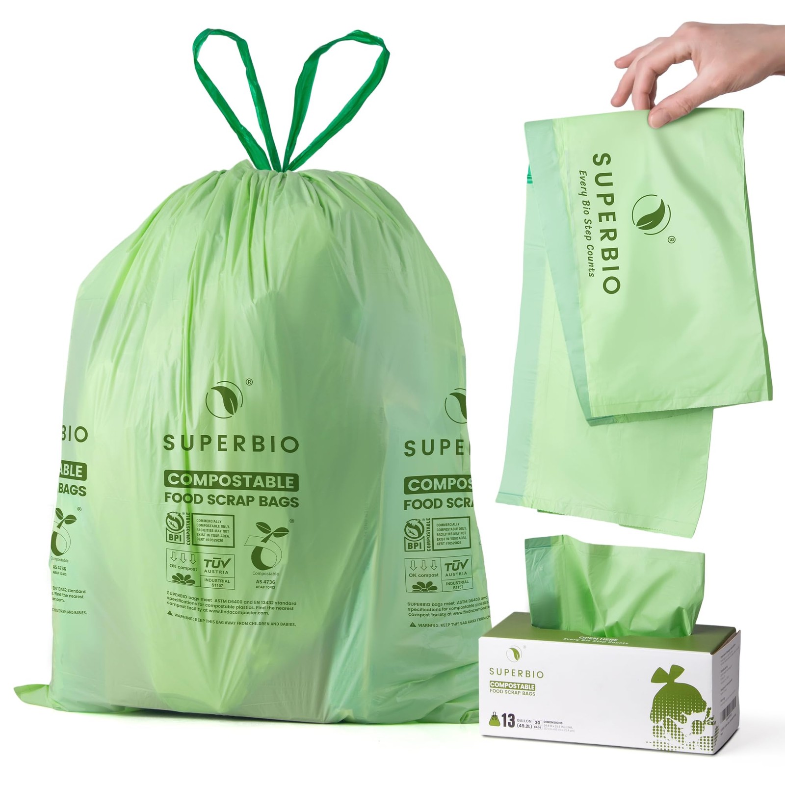 Best SUPERBIO 13 Gallon Compostable Drawstring Kitchen Waste Bag, 49.2 Liter, 30
