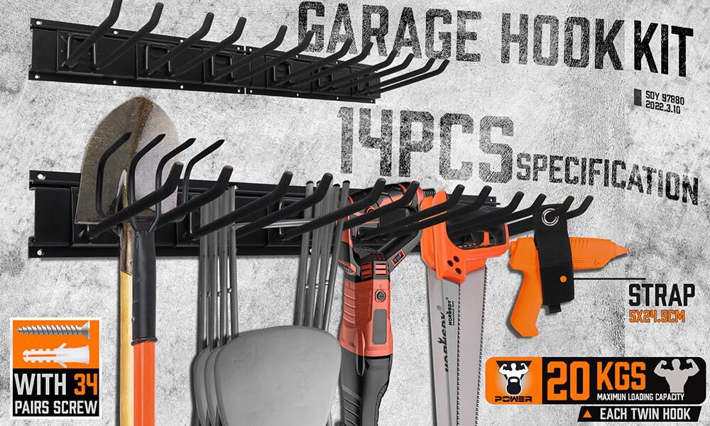 Garage Tool Organization 9pc Double Hooks Holder 64″ Utility Rack Wall Mount