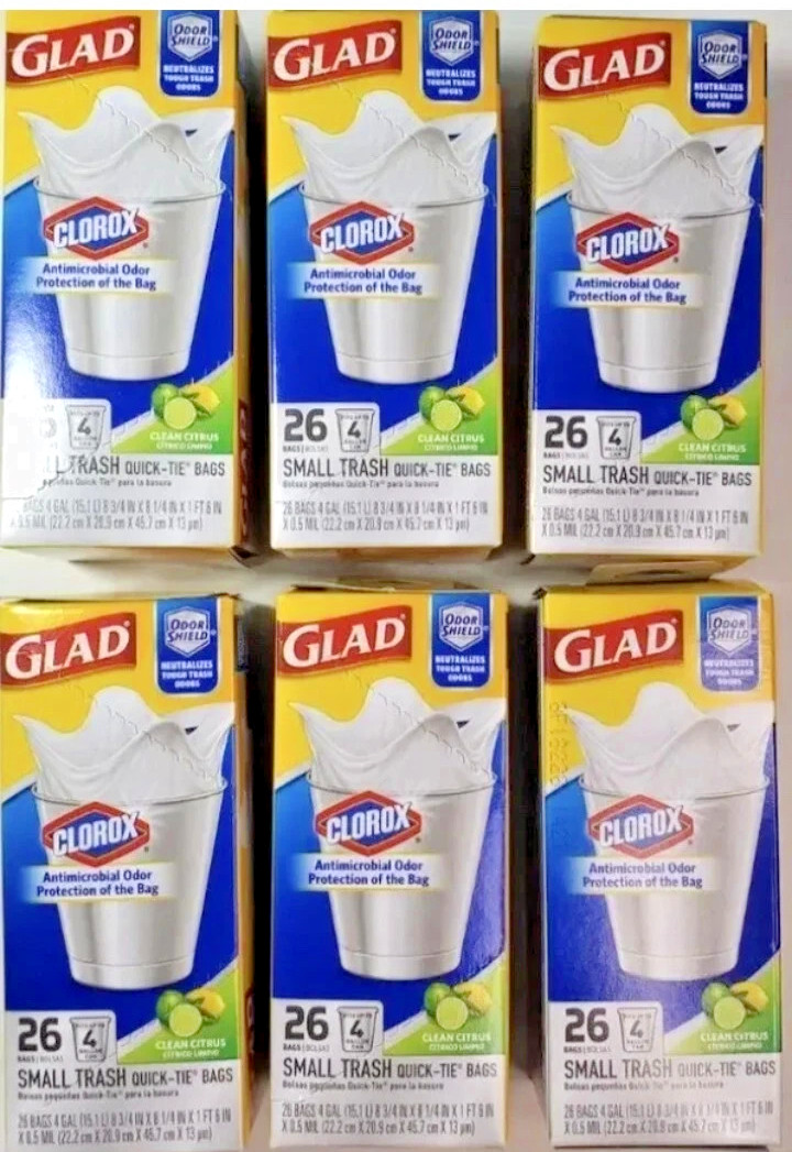 6 Pack GLAD 26 SMALL Trash Garbage Bags ea Clorox Odor-Shield 4 GAL CLEAN CITRUS