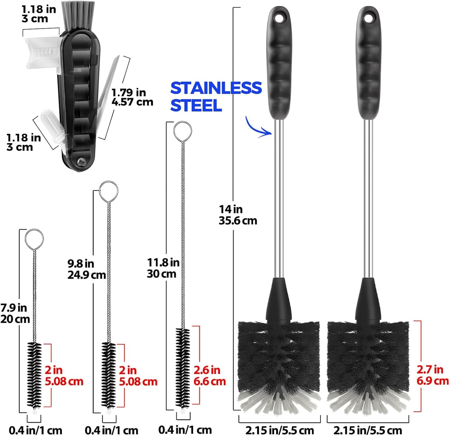 6 Pack Bottle Brush Set 14″ Stainless Steel Straw Cleaner Dishwasher Antistatic