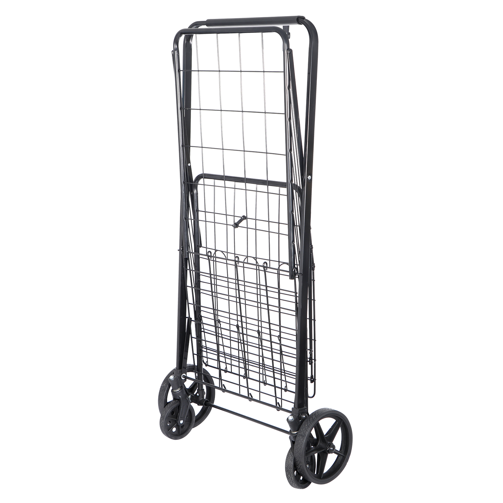 Folding Shopping Cart Rolling Trolley Utility 2 Basket W/Wheel for Laundry Black