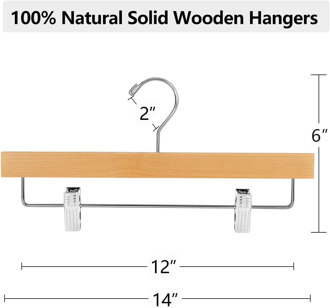 20Pcs Wooden Pants Hangers Solid Pants Hanger with Adjustable Clips 14 Inch Natu