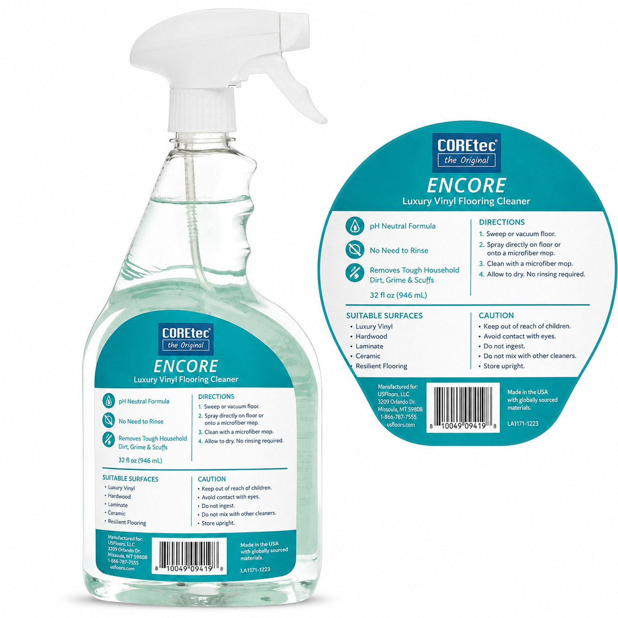 COREtec Encore Floor Cleaner 2 Pack 32 oz Luxury Vinyl No Rinse Spray