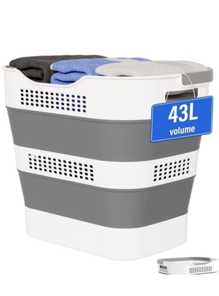 ✨43L (11.5 Gallon) Collapsible Laundry Basket w/Handles College Dorms Gray/white