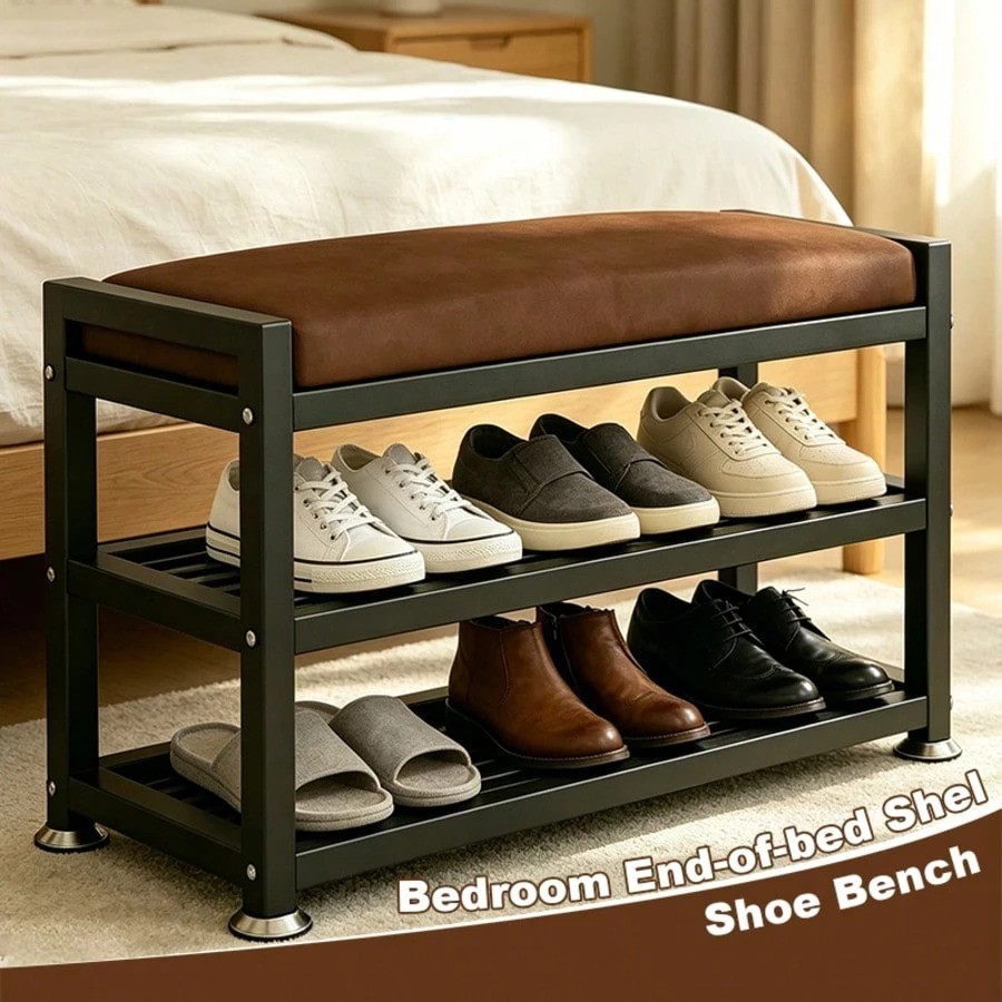 Entryway Shoe Bench 2-Tier Rack Padded Seat Brown 32in Storage Organizer