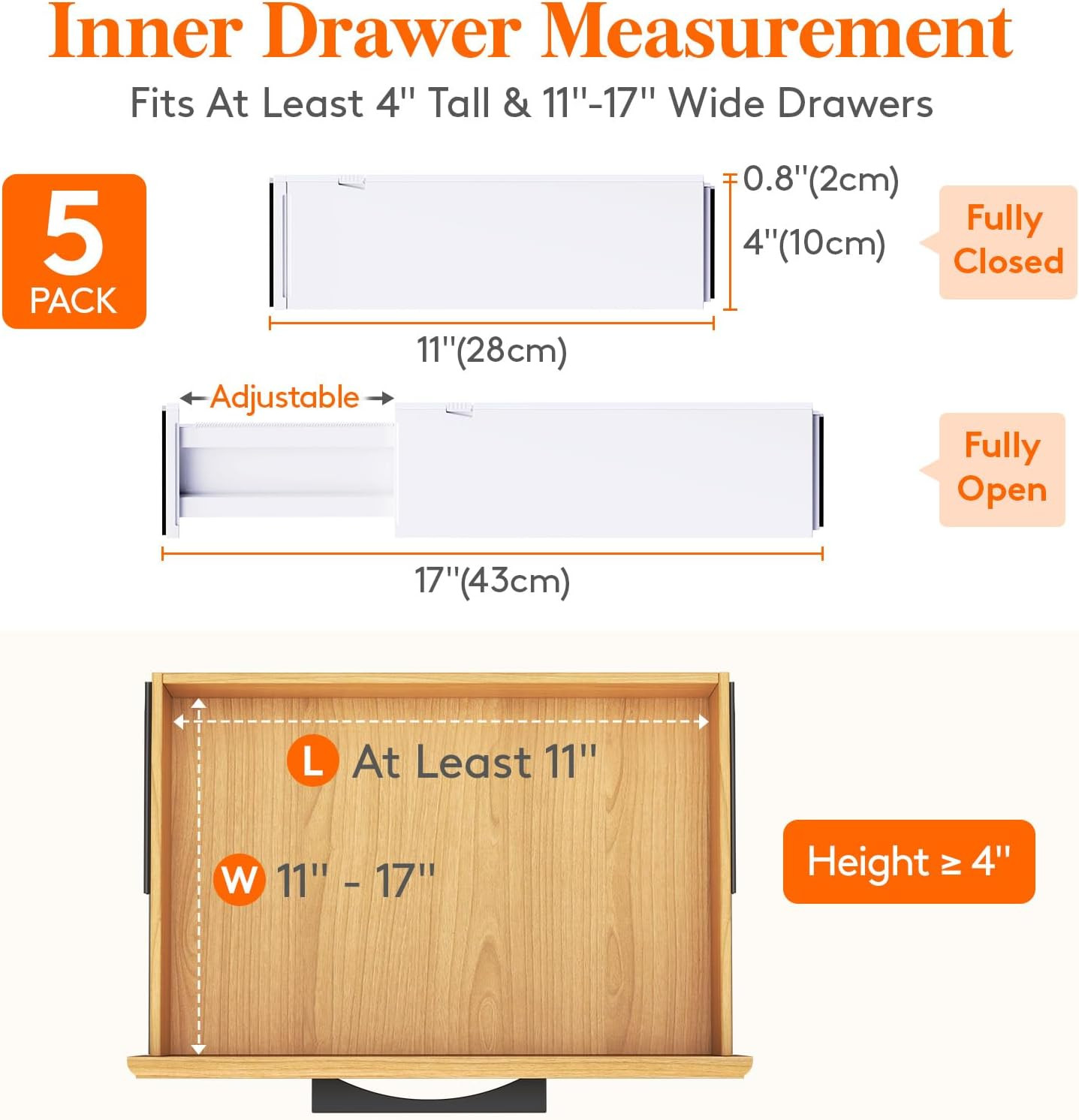 Divisores de cajón ajustables de 10 cm de alto y 28 cm a 43 cm (paquete de 5)