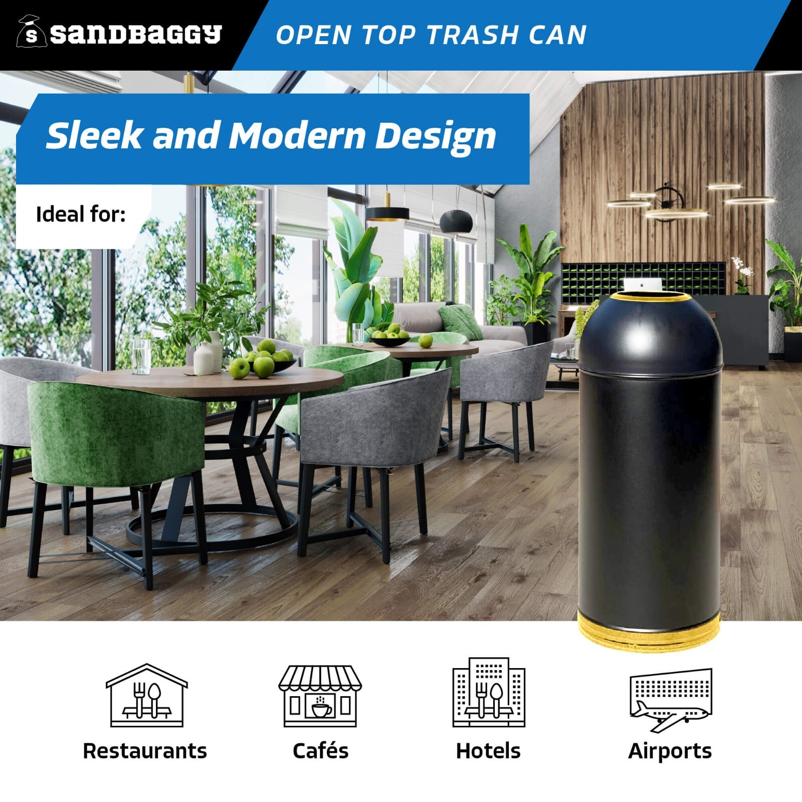 Sandbaggy 15-Gallon Black Open Top Dome Steel Trash Can with Lid (31″ x 12″)