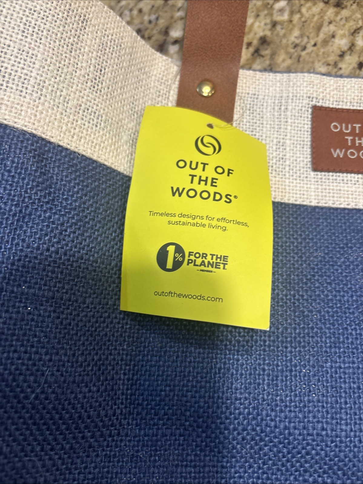 New Jute Market Tote Out of the Woods NWT Navy Blue Leather Handles Pocket
