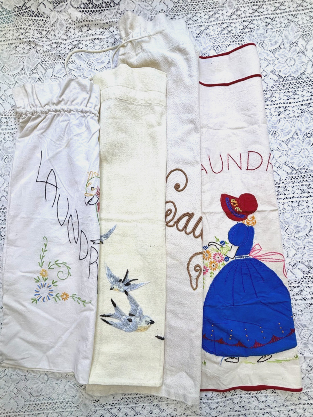 Lot 4 Vtg Antique Cotton Laundry Bags Draw String Clothes Sack Hand Embroidery