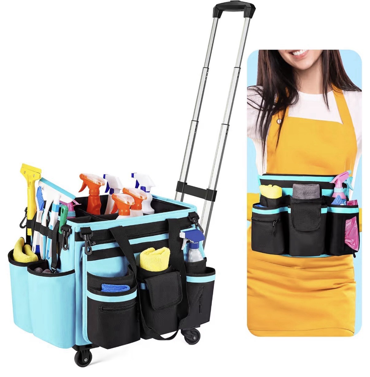 Large Rolling Cleaning Caddie Detachable Trolley with Waist Pouch Cleaning Tools