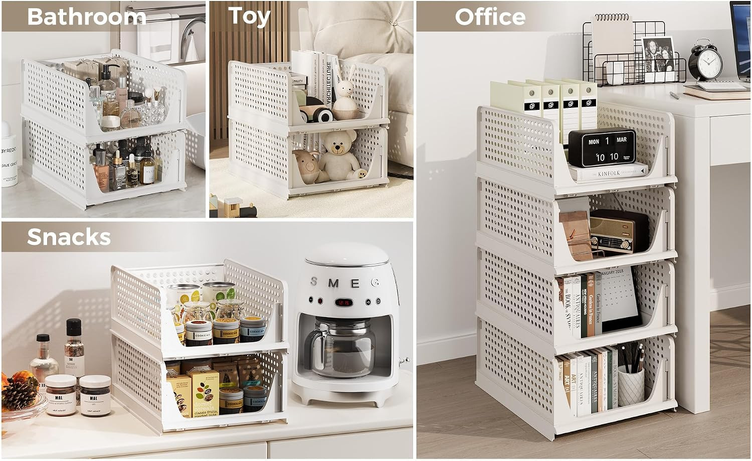 6 Pack Closet Organizer Storage Bins Plastic Stackable Foldable White for