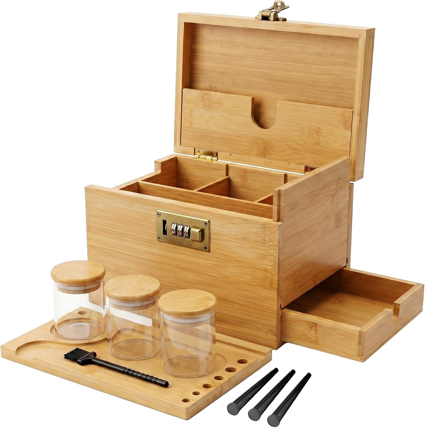 Large Bamboo Storage Box with Combination Lock & Hidden Drawer- Premium Smell