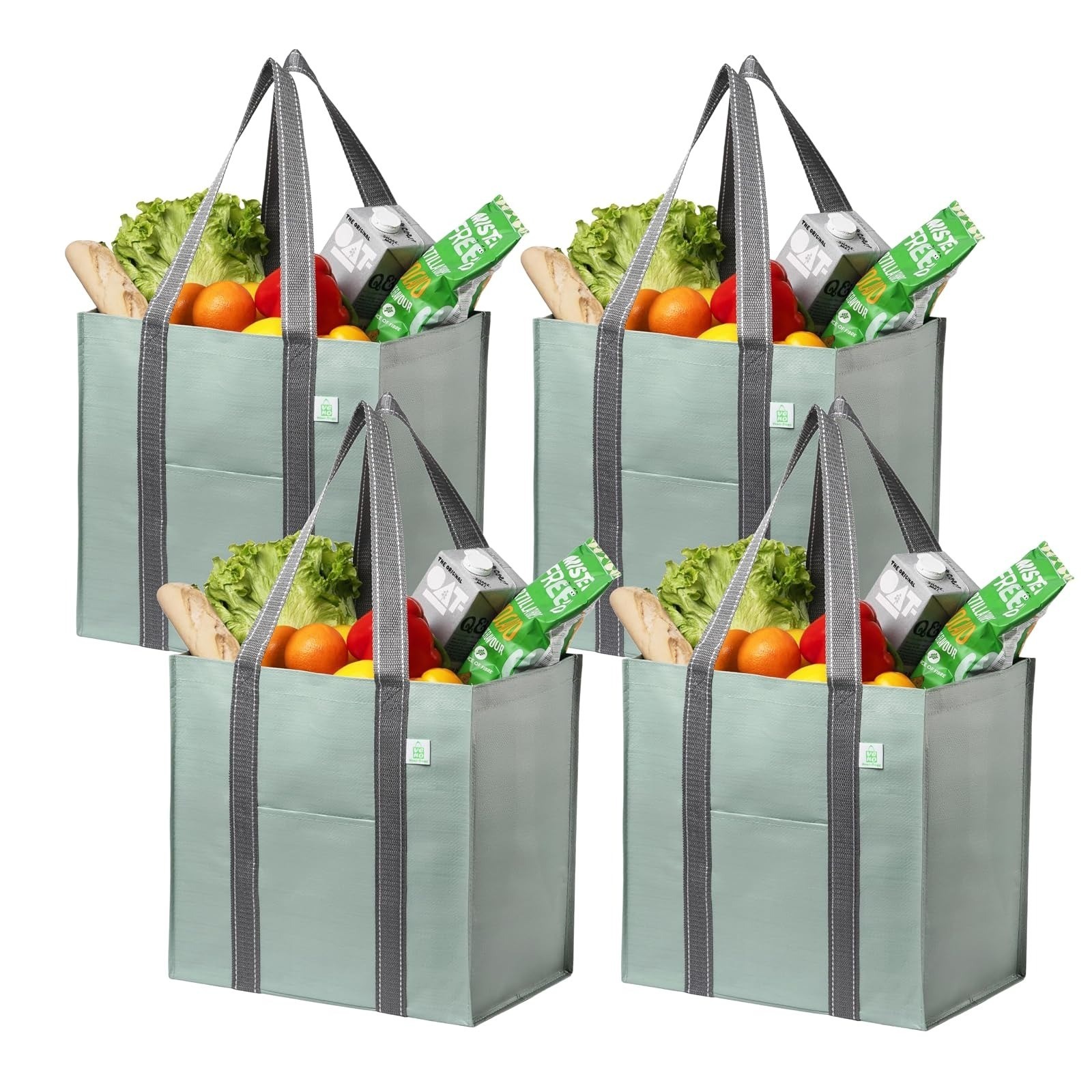 VENO 4 Pack Large Reusable Grocery Bags with Hard Bottom – Gray