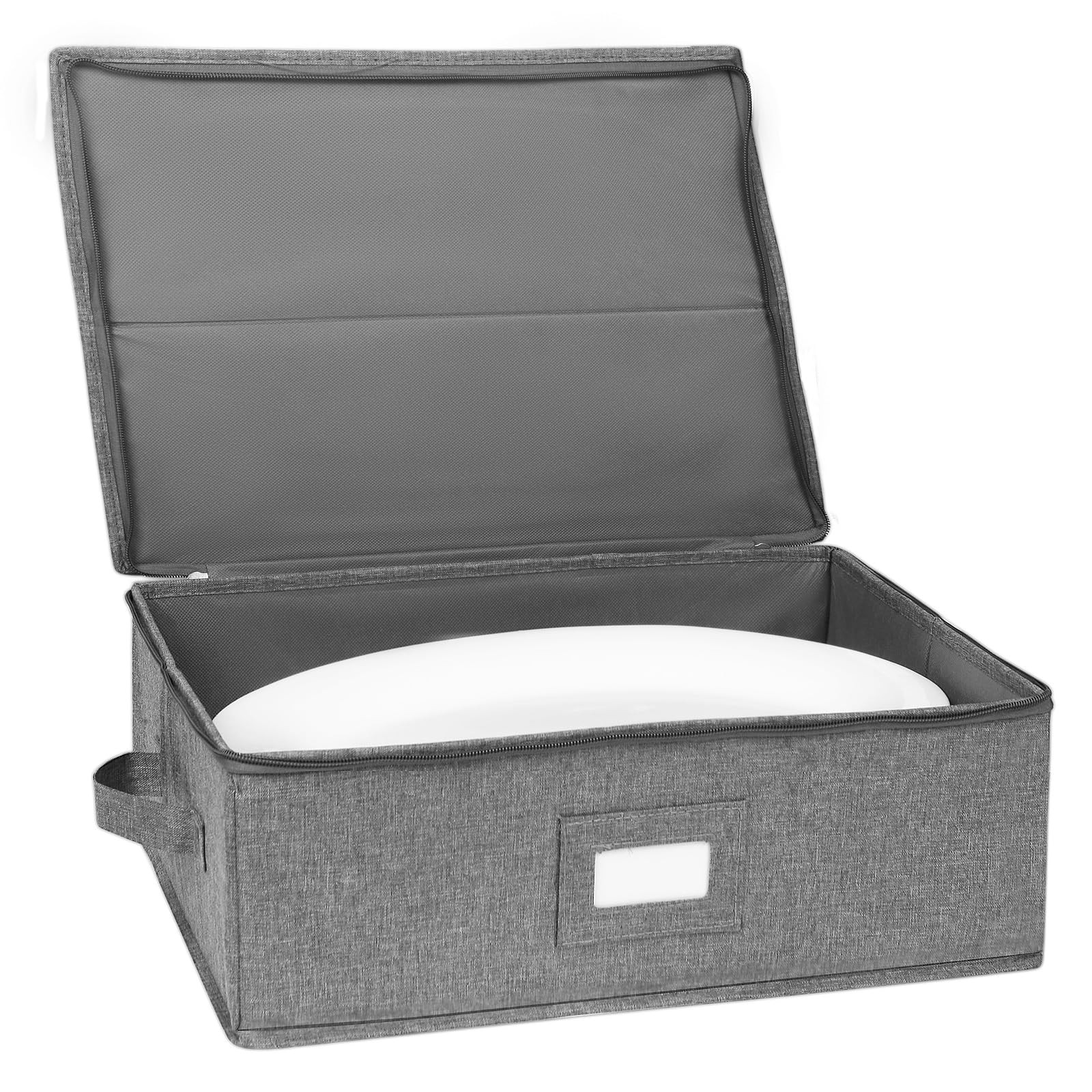 Linen Grey Hard Shell China Platter Storage Container 17x13x6 In 5 Dividers