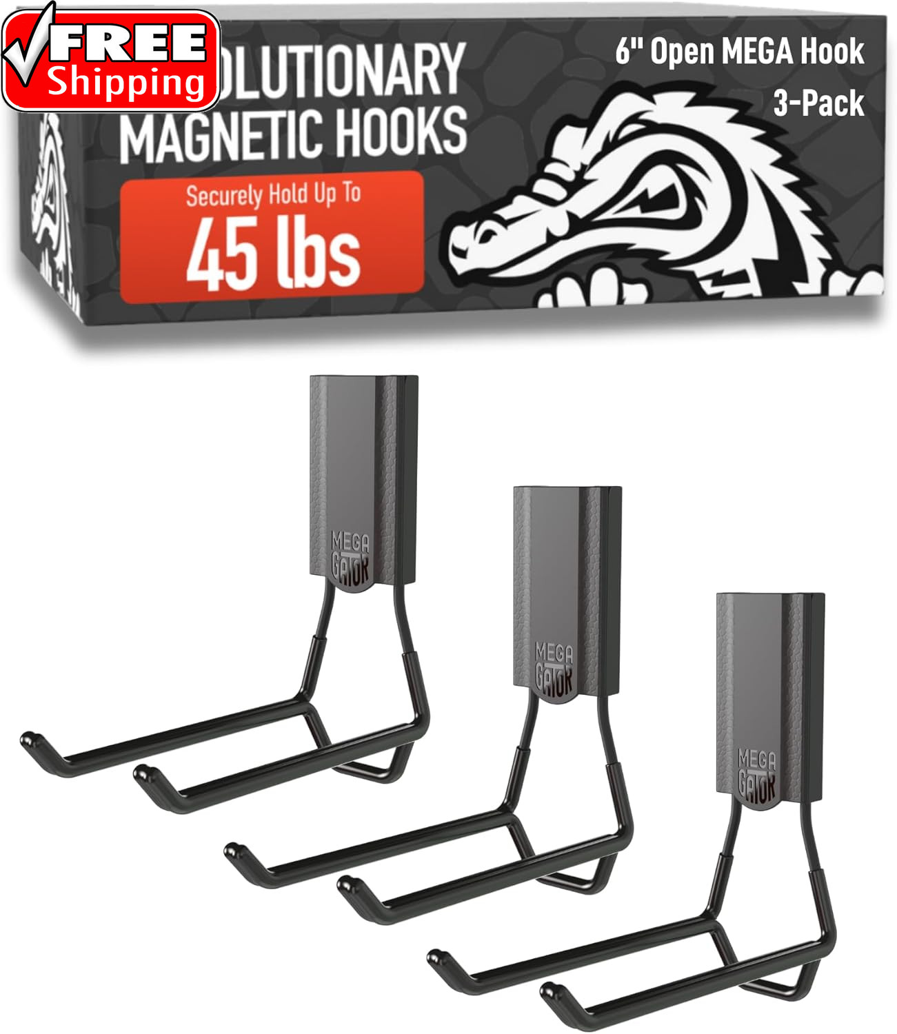 MEGA 6 in Open Hooks, 45 Lb Heavy Duty Magnetic Hooks for Steel Surfaces, Patent