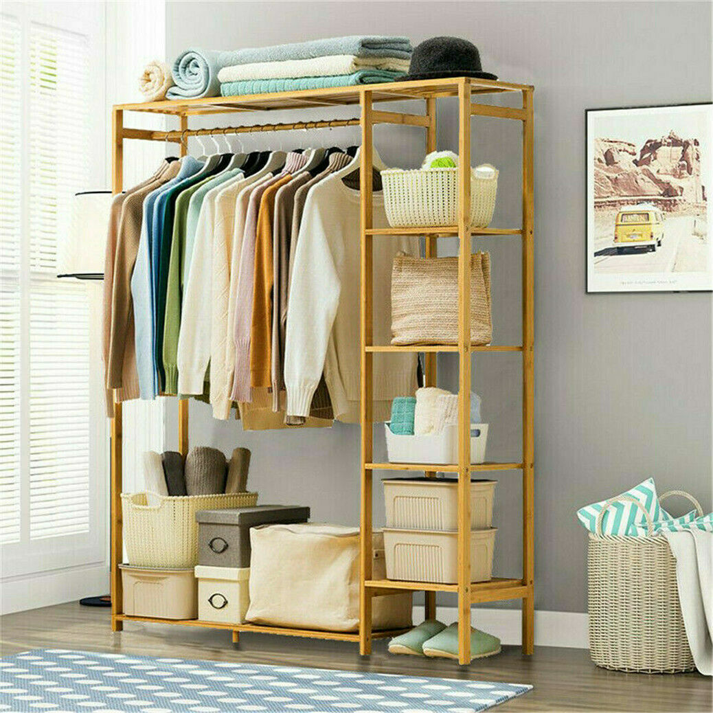 Bamboo Wood Garment Rack Clothes Hanging Stand Shoe Coat Storage Organizer Shelf