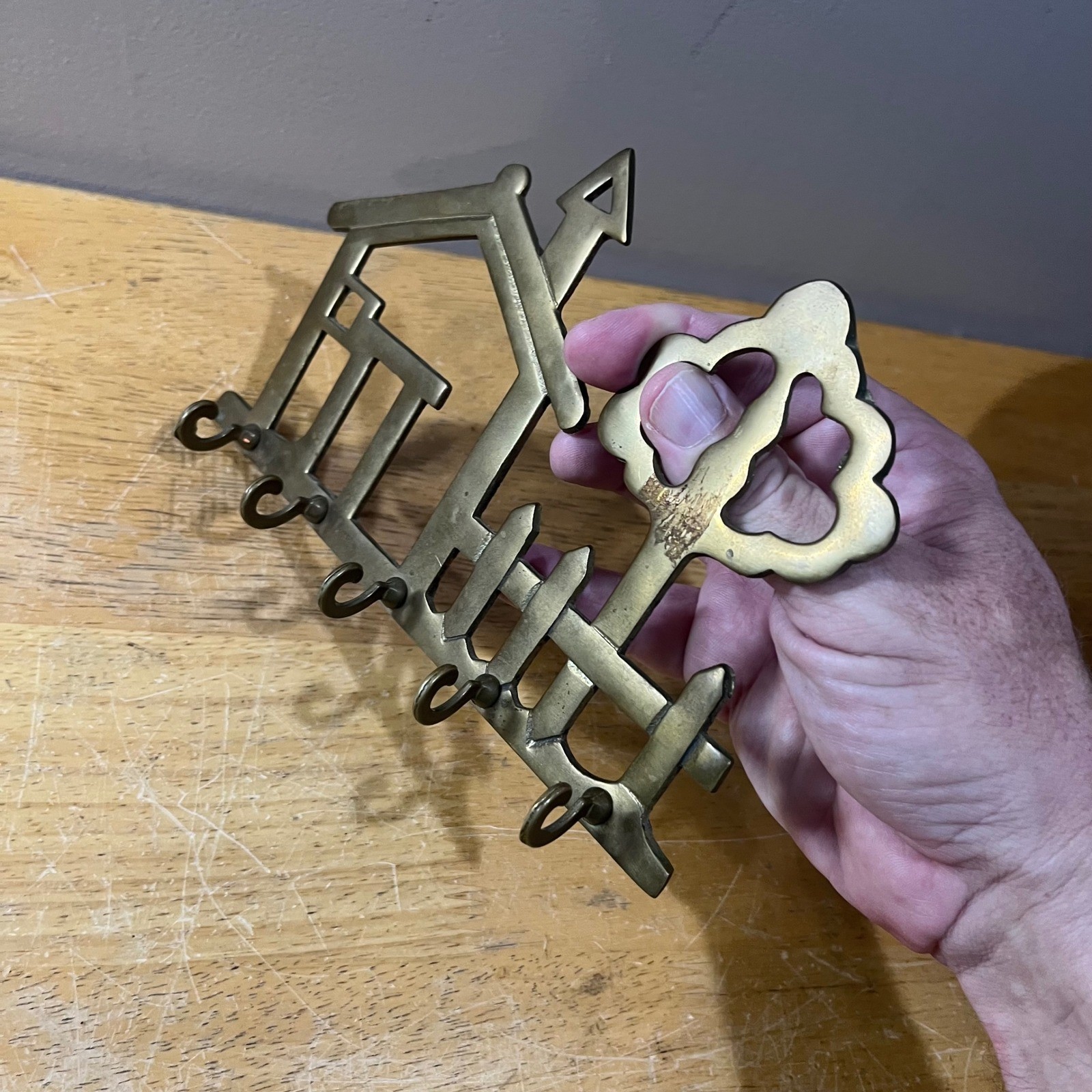Vtg Solid Brass House Picket Fence Tree Wall Key Rack Hook Organizer 7.75in