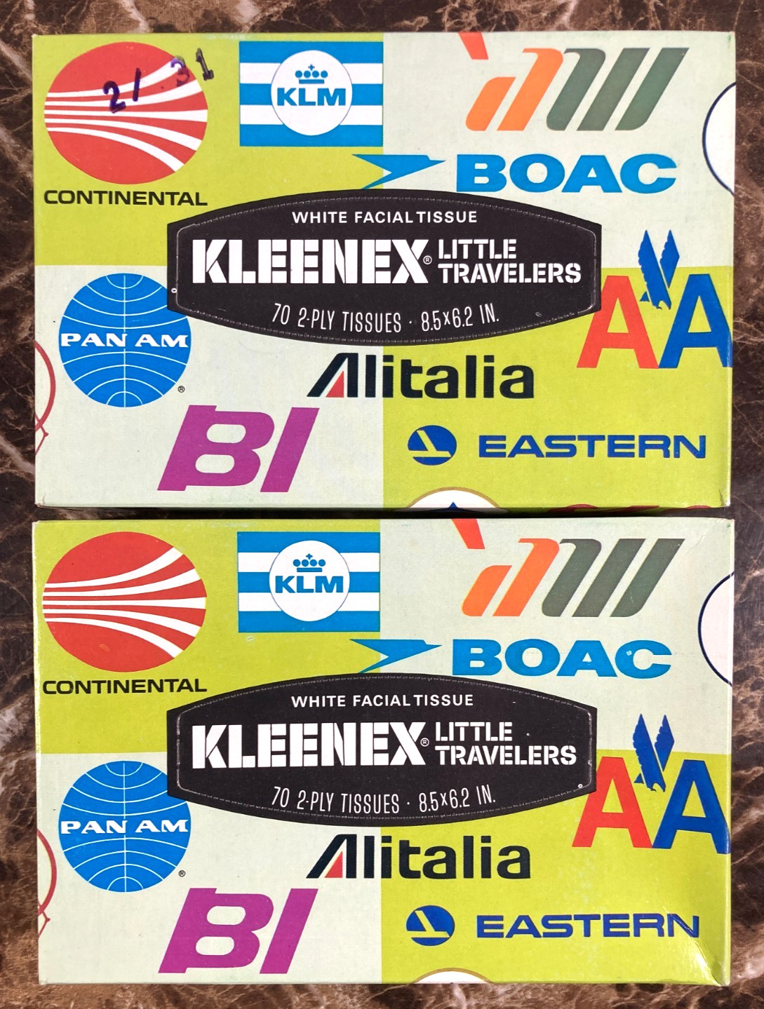 Kleenex Little Travelers Airline Tissue Box Lot 2 Vintage 70s Pan Am TWA Eastern
