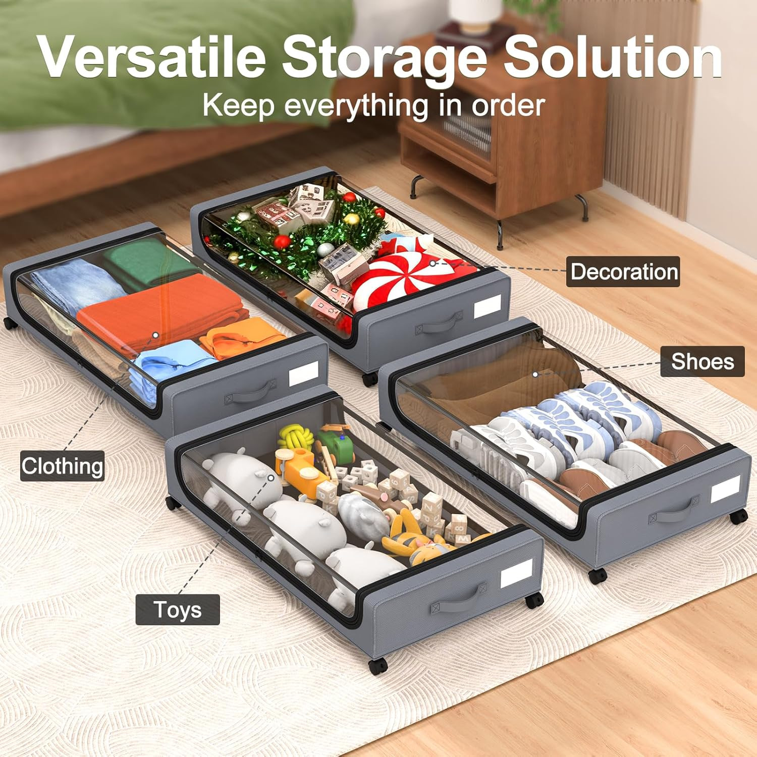 under Bed Storage with Wheels 48L Grey 2-Pack | Rolling Bins for Shoes Clothes i