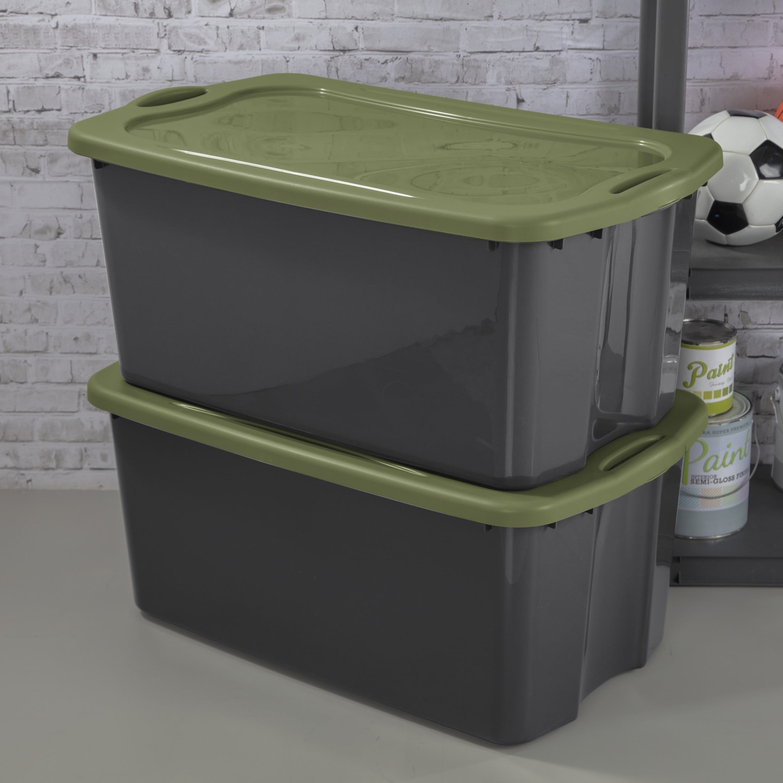 30 Gal. EZ Carry, Clear Plastic Storage Bin, Full-Grip Handles, Gray/Green