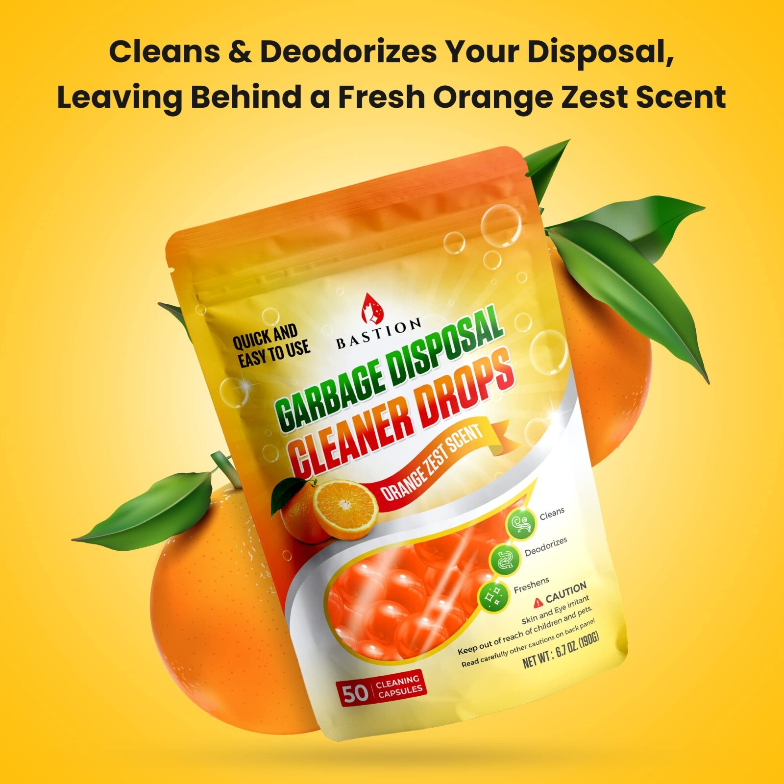 Garbage Disposal Cleaner and Deodorizer Drops by Bastion Orange Zest Scented