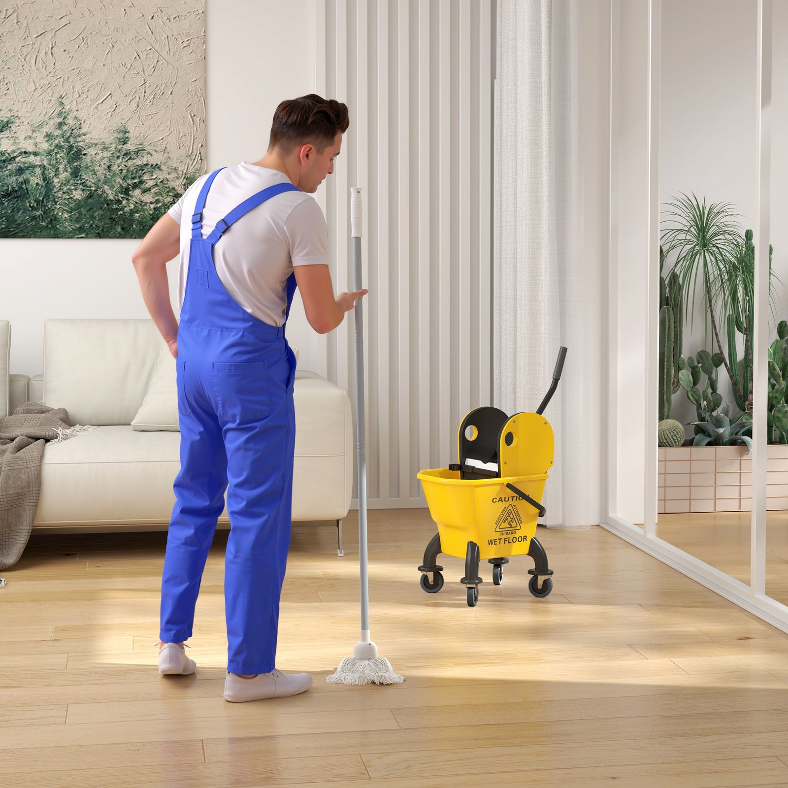 Mop Bucket with Wringer on Wheels and Mop Included,27.5 Quart,Yellow,Refurbished