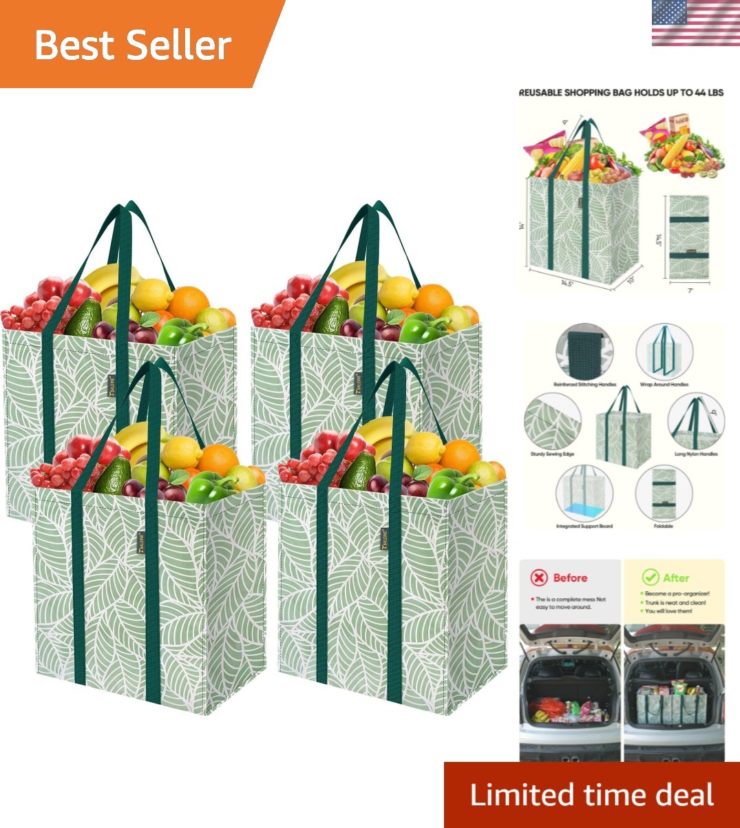 4 PK Grocery Bags Reusable Shopping Bags with Reinforced Bottom, Heavy Duty F…