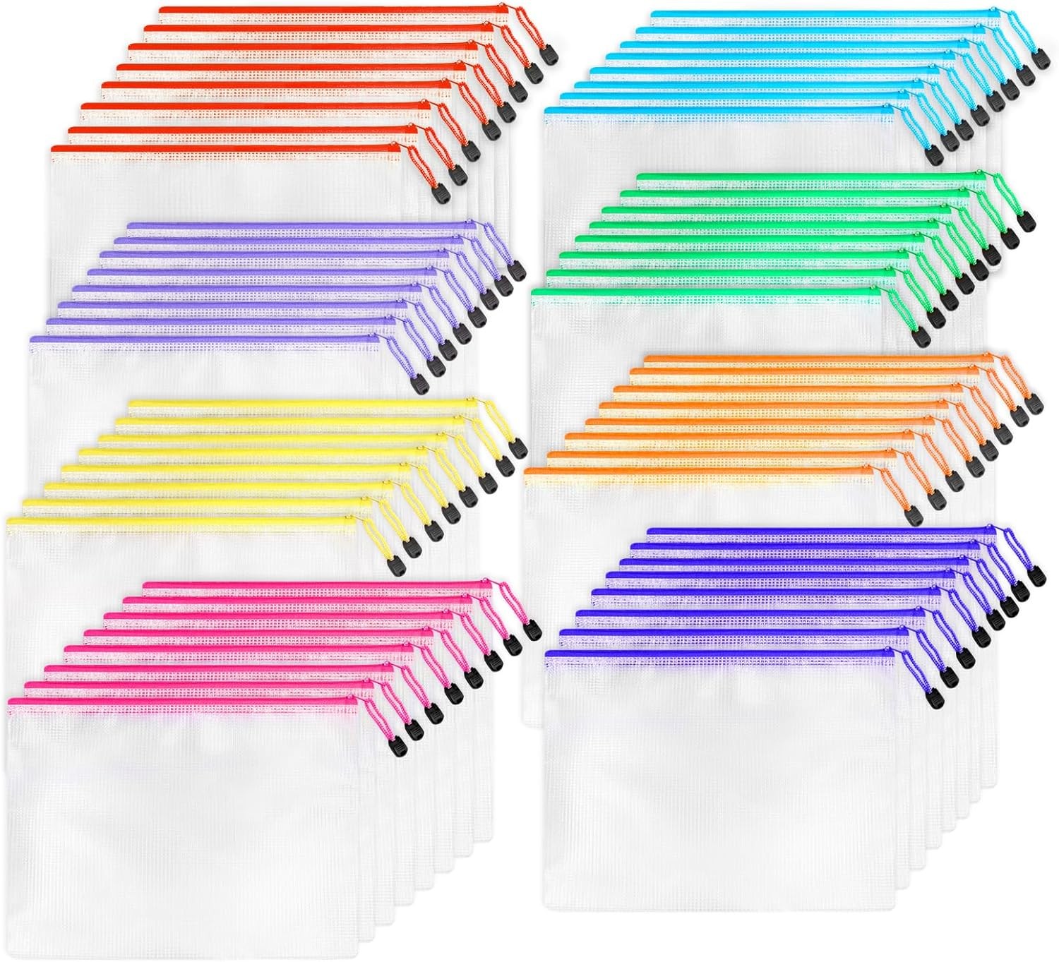 64 A4 Mesh Zipper Pouches Bulk, Clear Storage Bags for Office/Travel