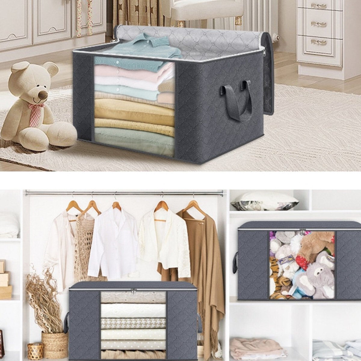 3-piece Storage Bag Foldable Closet Storage Container with Lid Reinforced Handle