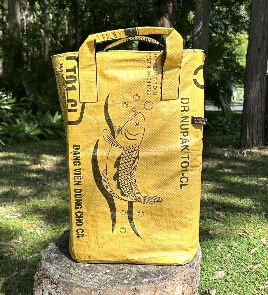 Fair Trade Upcycled Laundry Basket made from Recycled Fish Feed Bags in Cambodia